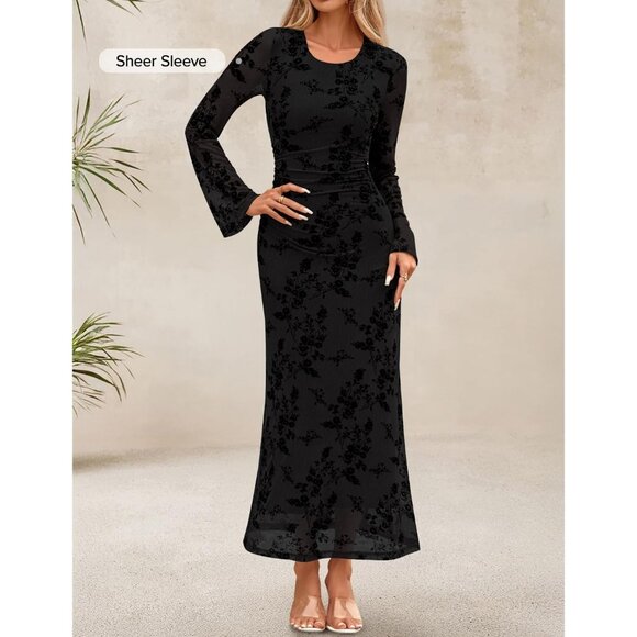 Zesica Women's Black Yellow Ruched Mesh Long Sleeve Floral Bodycon Dress - Picture 3 of 6